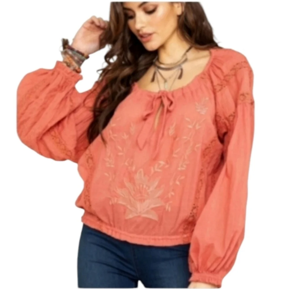 Free People Maria Maria Embroidered Top in Athena Puff Sleeve Size XS